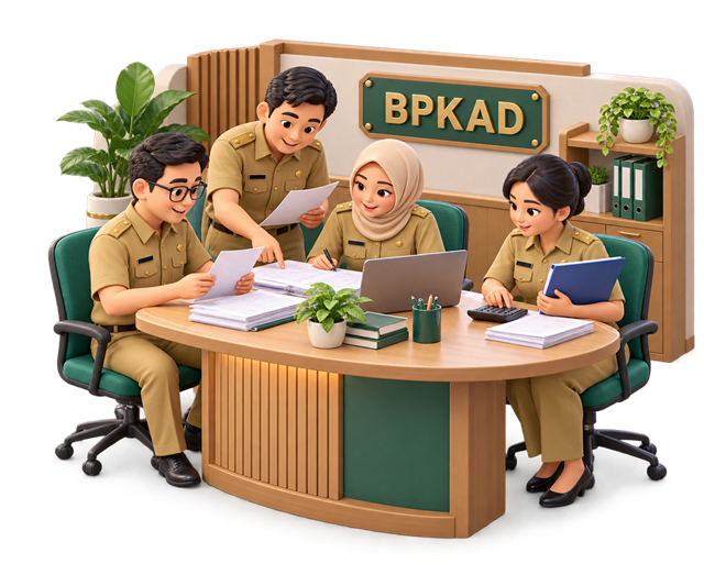 Ilustrasi kartun empat pegawai berseragam khaki sedang mencocokkan laporan, laptop, dan dokumen di meja kantor BPKAD
